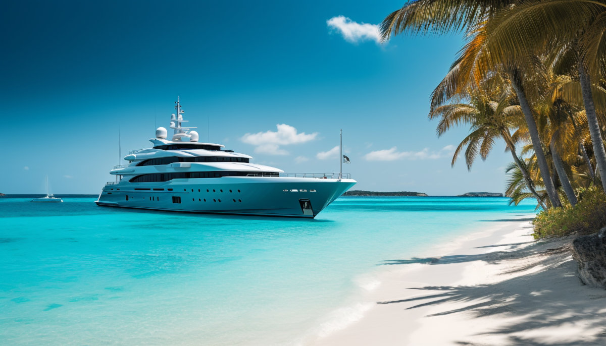 Luxury yacht sails turquoise waters, anchored in idyllic paradise generated by AI