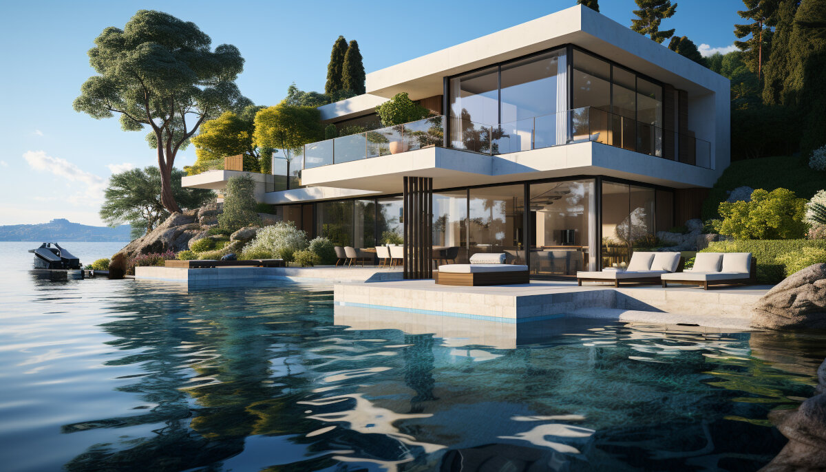 Luxury modern villa with infinity pool, surrounded by nature generated by AI