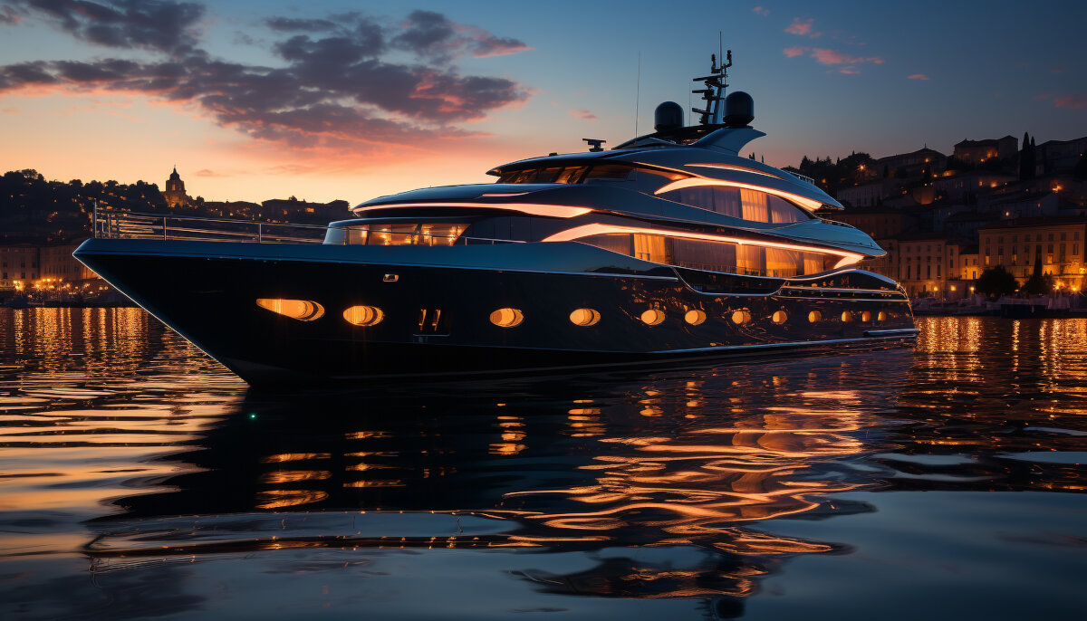 Luxury yacht sails through dark night, reflecting city illuminated skyline generated by AI